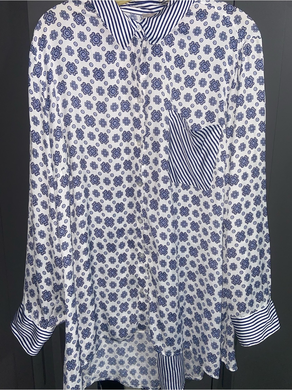 Chico's Navy & White Striped Collar Floral-Print Button Shirt
